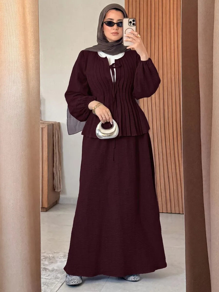 SHEIN Solavon طقم نسائي قطعتين بلوزة بأكمام طويلة وتنورة طويلة برباط أمامي بلون عنابي