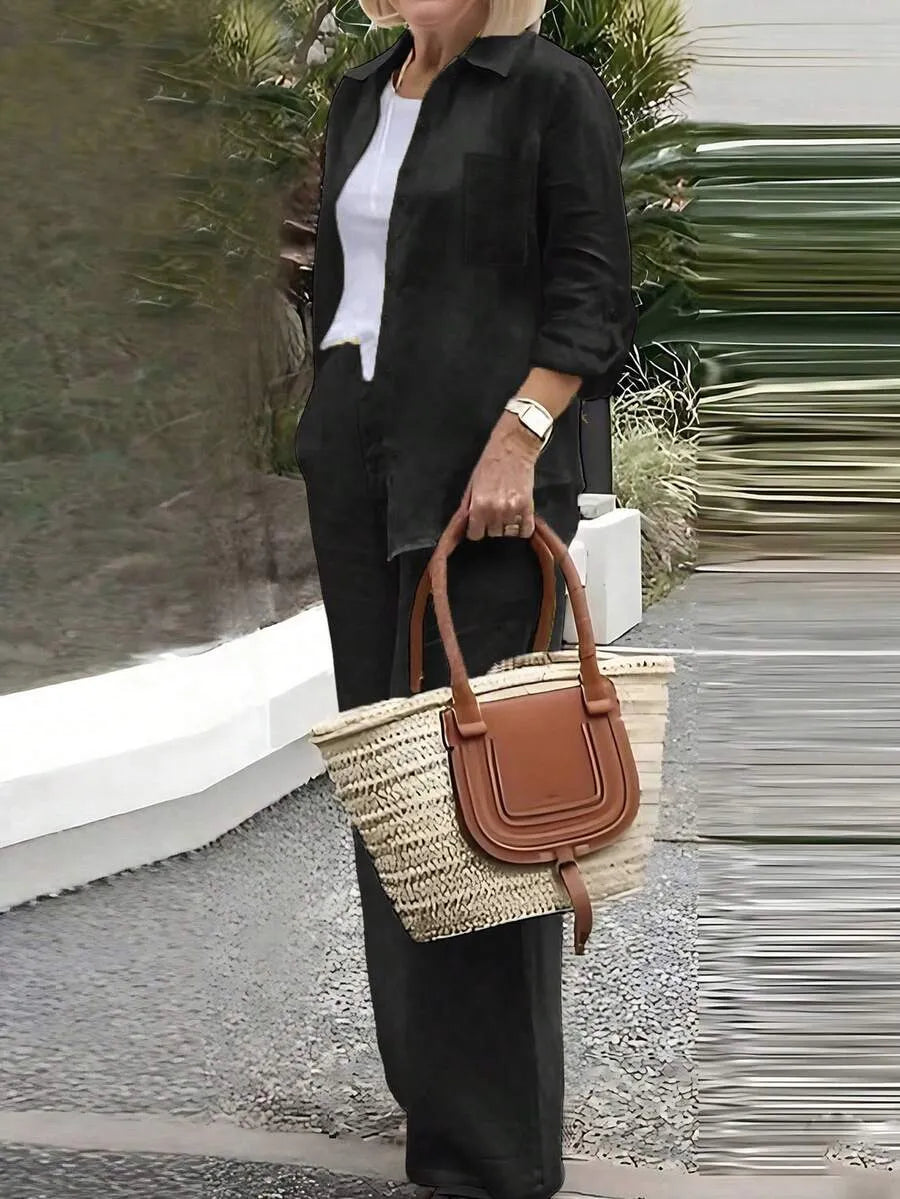 SHEIN كارديجان نسائي بياقة بولو وأزرار وجيوب بلون الأسود