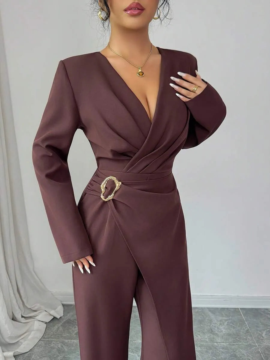 SHEIN Elenzga جمبسوت نسائي بياقة وتصميم متقاطع وسحاب بلون بني