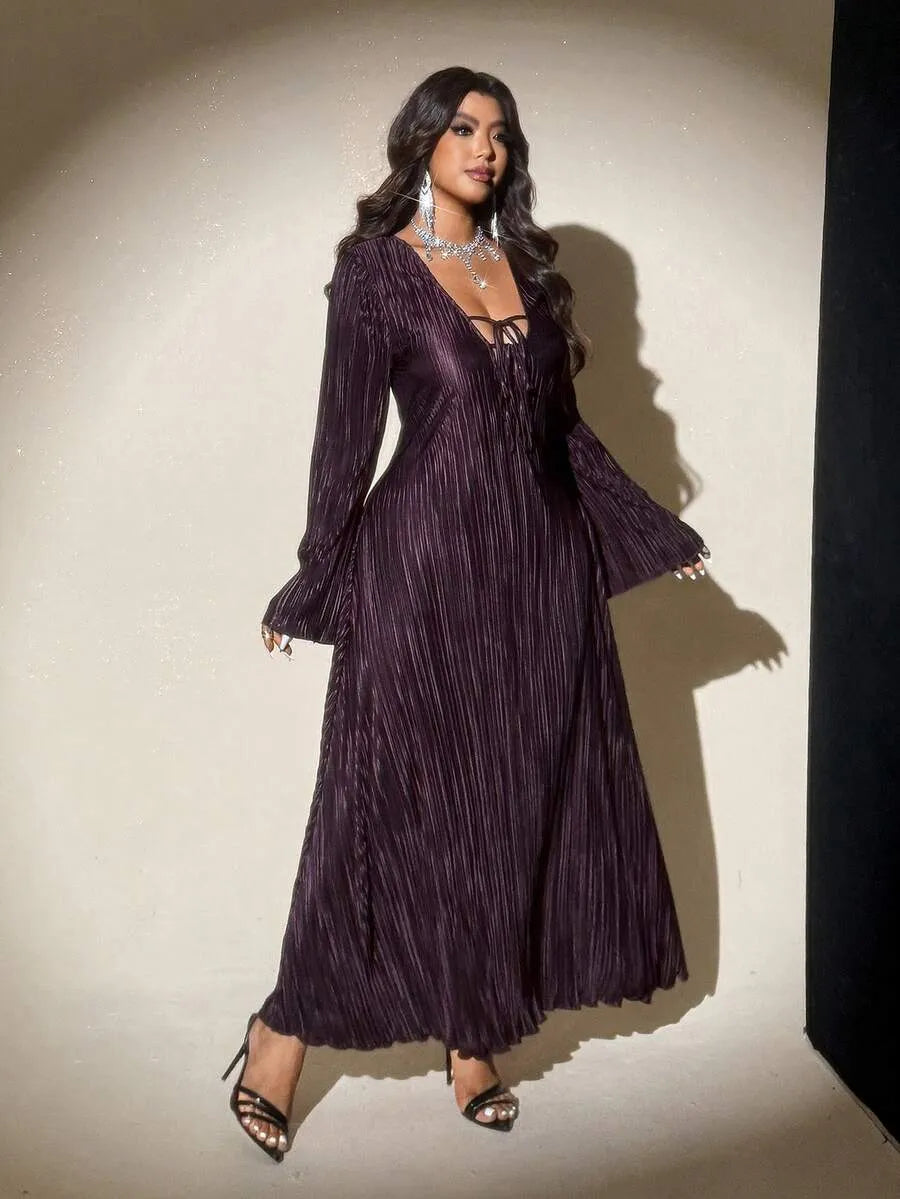 SHEIN Viva Relle فستان نسائي بياقة ورباط أمامي بلون بني