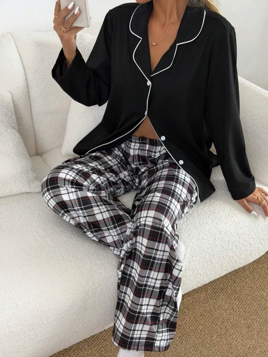 SHEIN طقم بيجامة قطعتين كاروهات بياقة وأزرار أمامية متعدد الألوان