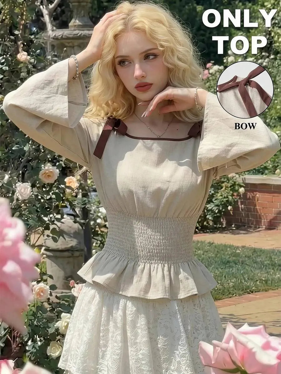 SHEIN MOD بلوزة نسائية أنيقة بأكمام واسعة وربطة عنق وتفاصيل كشكش بلون كاكي