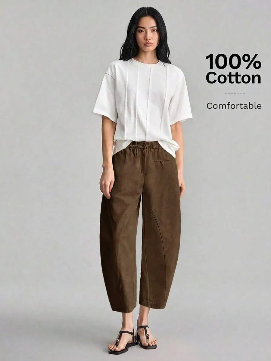 SHEIN Ontre بنطال نسائي أنيق بخصر مطاطي وبلون بني بطول الكاحل