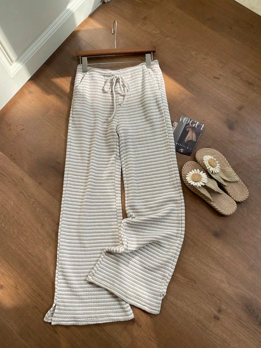 SHEIN Comfortcana بنطال نسائي كاجوال مخطط بخصر برباط بلون كاكي