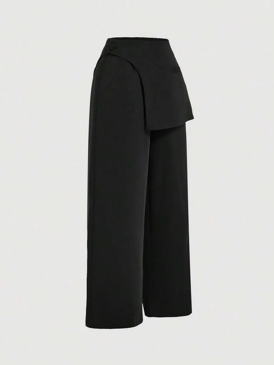 SHEIN MOD بنطلون نسائي واسع الساق بخصر عالٍ وأزرار وسحاب بلون أسود
