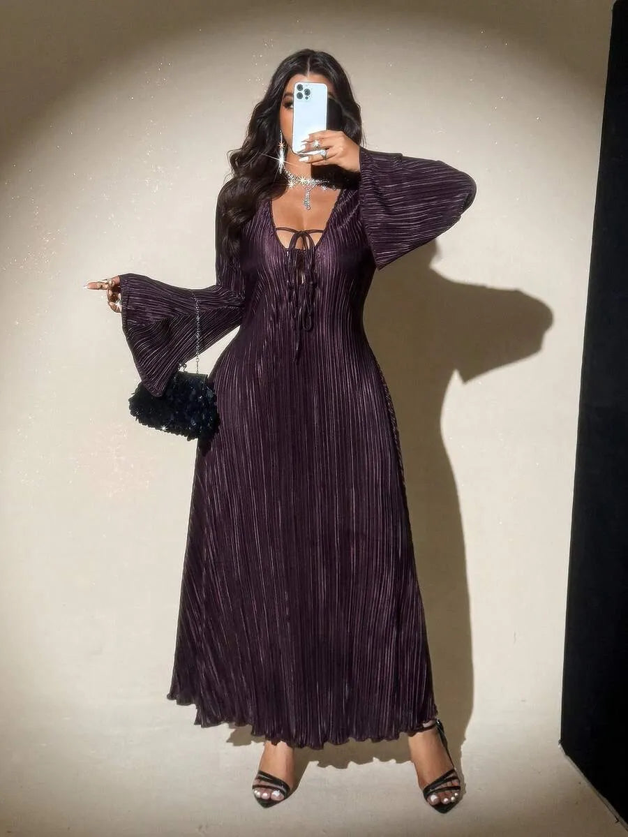 SHEIN Viva Relle فستان نسائي بياقة ورباط أمامي بلون بني