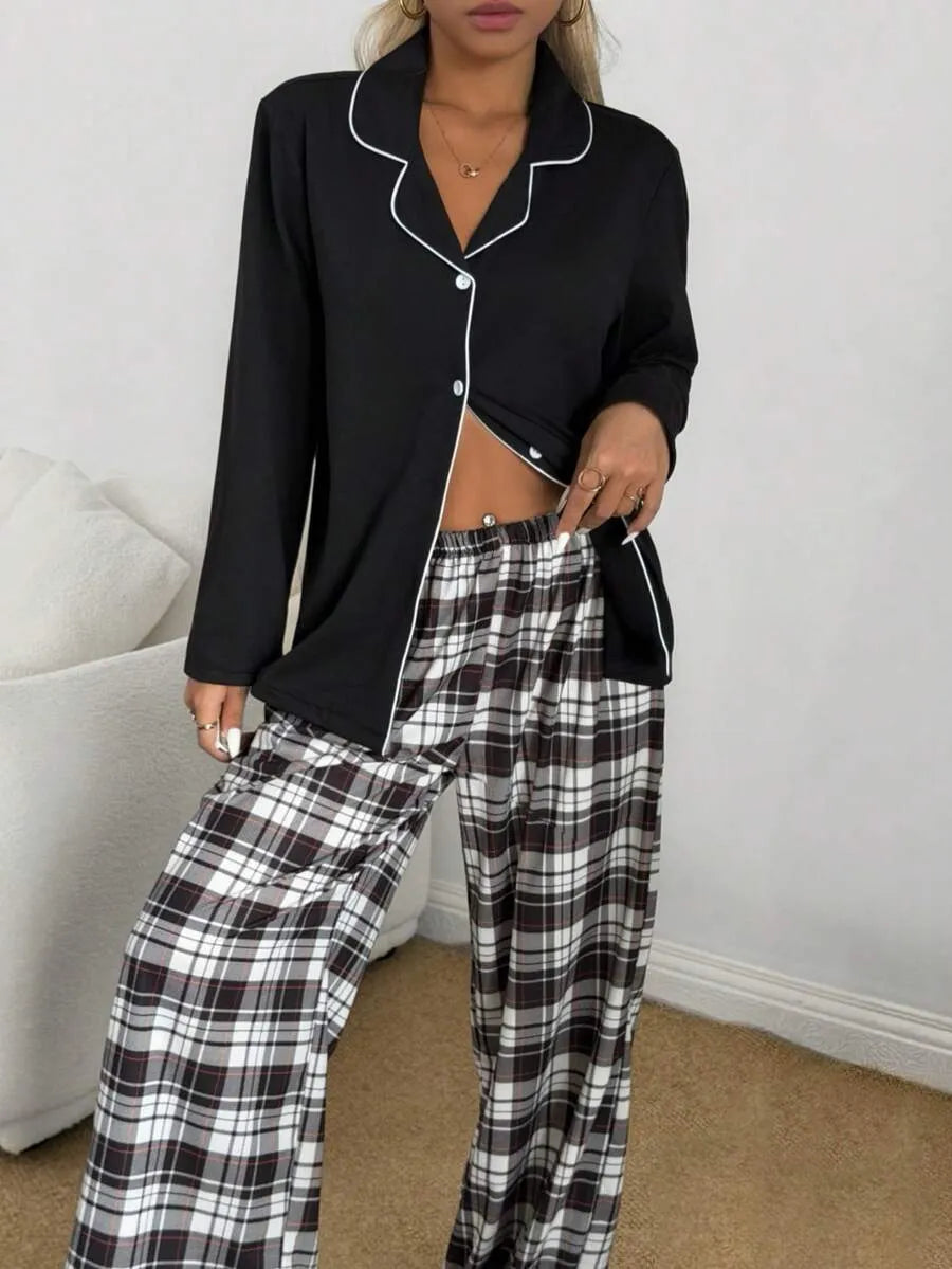 SHEIN طقم بيجامة قطعتين كاروهات بياقة وأزرار أمامية متعدد الألوان