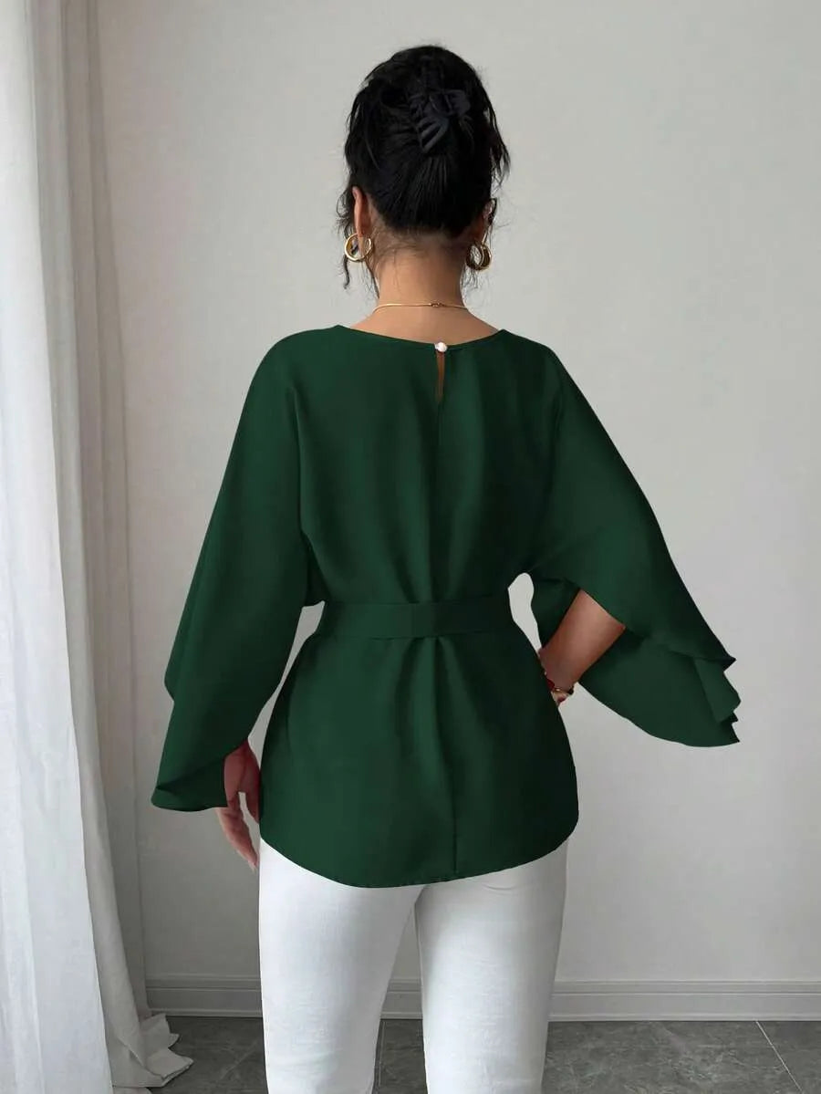 SHEIN Selianne بلوزة نسائية طويلة بأكمام خفاش ورباط خصر بلون أخضر داكن