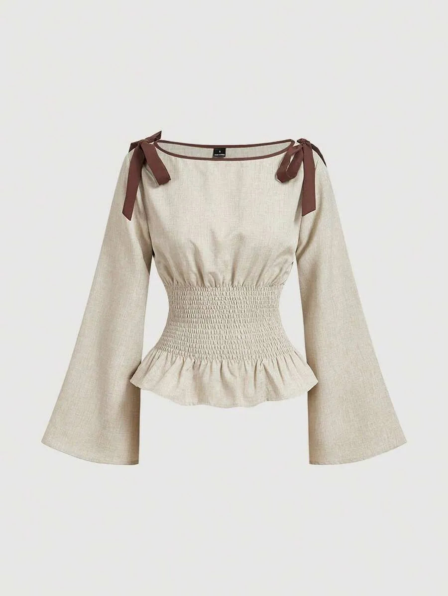SHEIN MOD بلوزة نسائية أنيقة بأكمام واسعة وربطة عنق وتفاصيل كشكش بلون كاكي