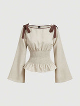SHEIN MOD بلوزة نسائية أنيقة بأكمام واسعة وربطة عنق وتفاصيل كشكش بلون كاكي