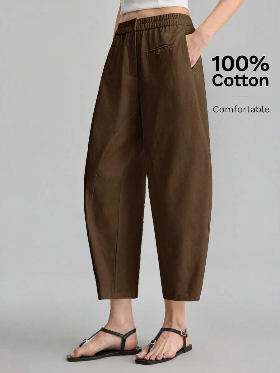 SHEIN Ontre بنطال نسائي أنيق بخصر مطاطي وبلون بني بطول الكاحل