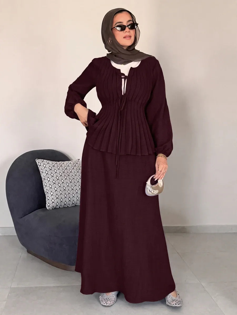 SHEIN Solavon طقم نسائي قطعتين بلوزة بأكمام طويلة وتنورة طويلة برباط أمامي بلون عنابي