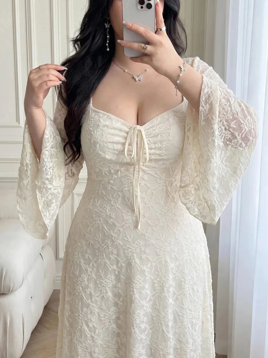 SHEIN Vibekara فستان جاكار طويل بياقة قلب وأكمام بفتحات وخصر مشدود بلون مشمشي