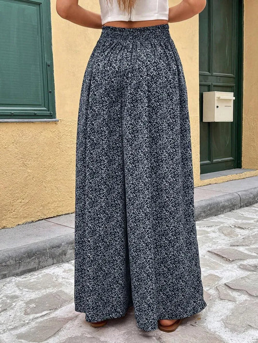 SHEIN Frenchy بنطلون واسع بلون أزرق بحري بخصر مربوط