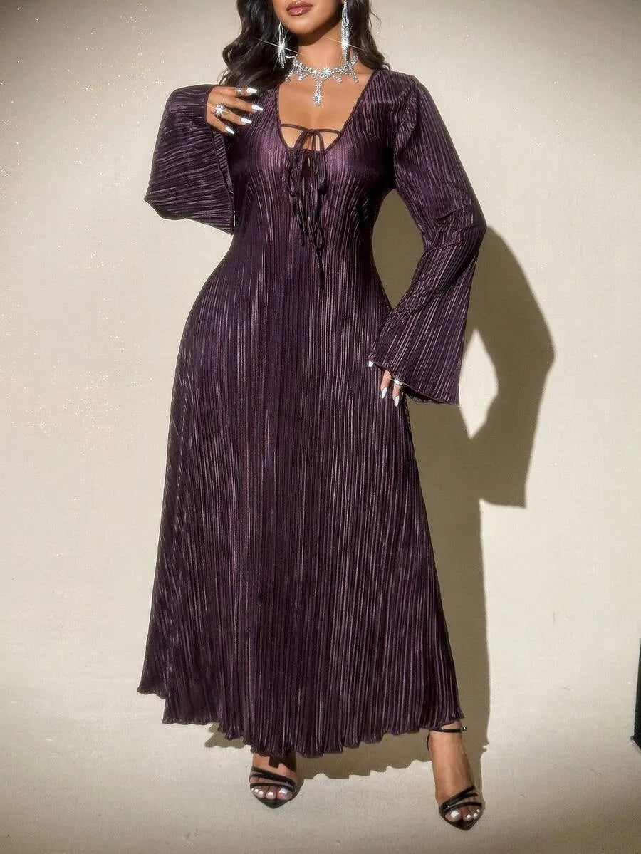 SHEIN Viva Relle فستان نسائي بياقة ورباط أمامي بلون بني