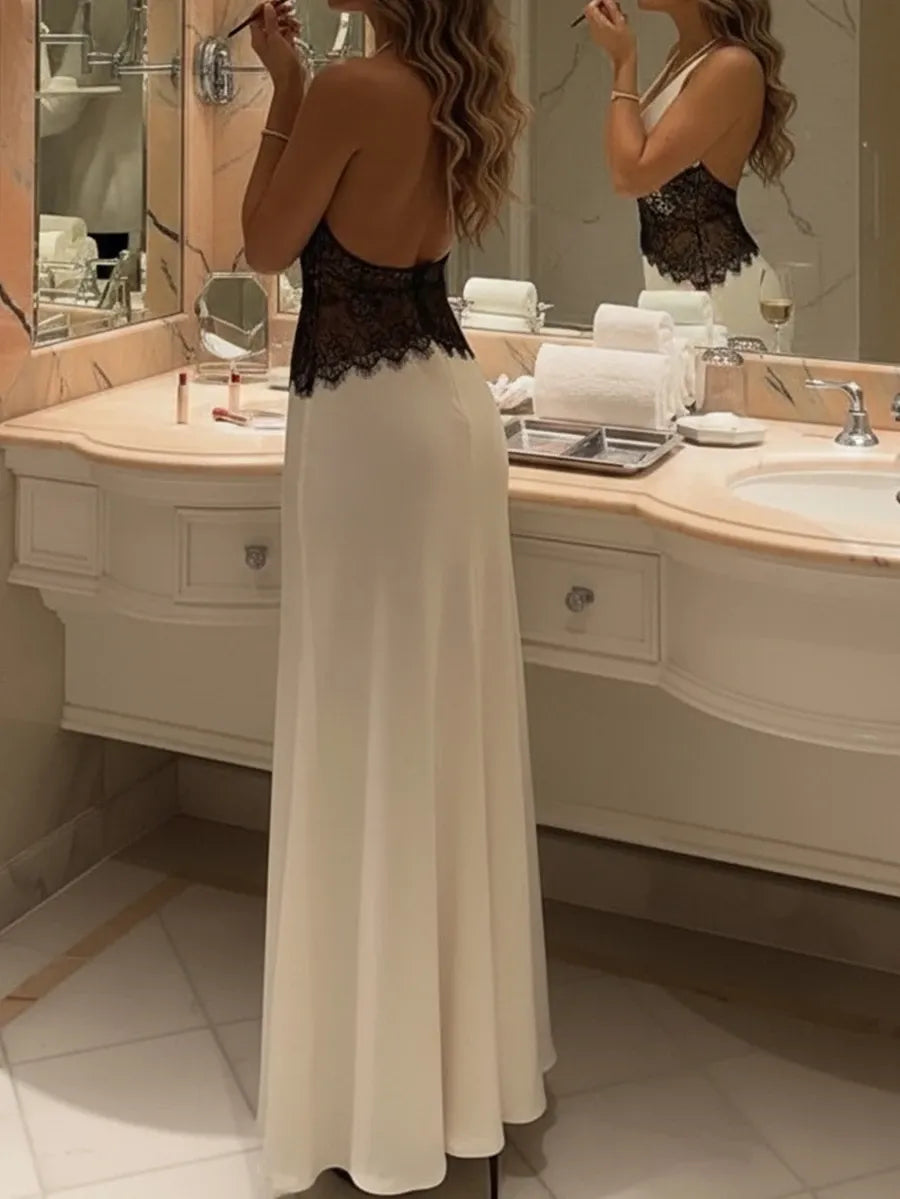 SHEIN فستان طويل بلون مشمشي ساتان ودانتيل بحمالات سباغيتي وقصة ضيقة