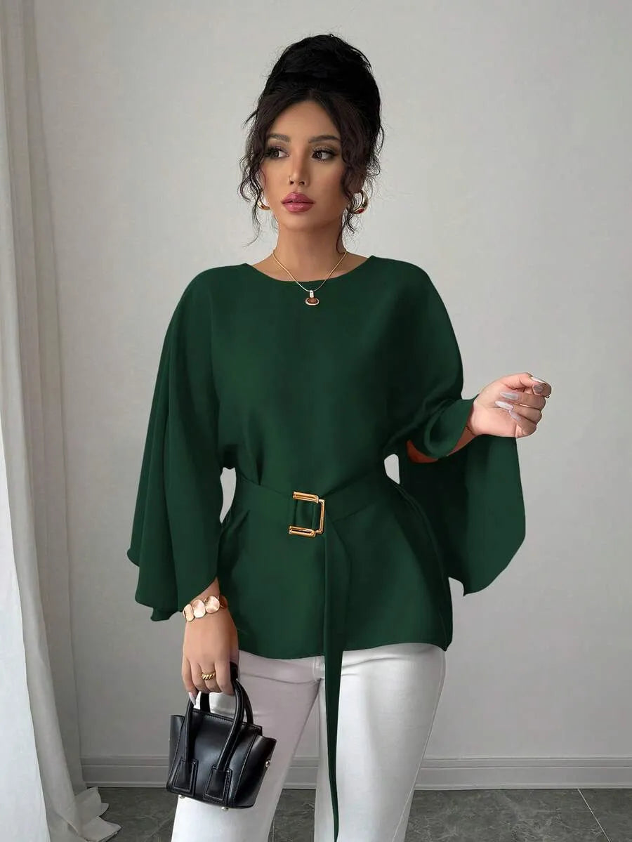 SHEIN Selianne بلوزة نسائية طويلة بأكمام خفاش ورباط خصر بلون أخضر داكن