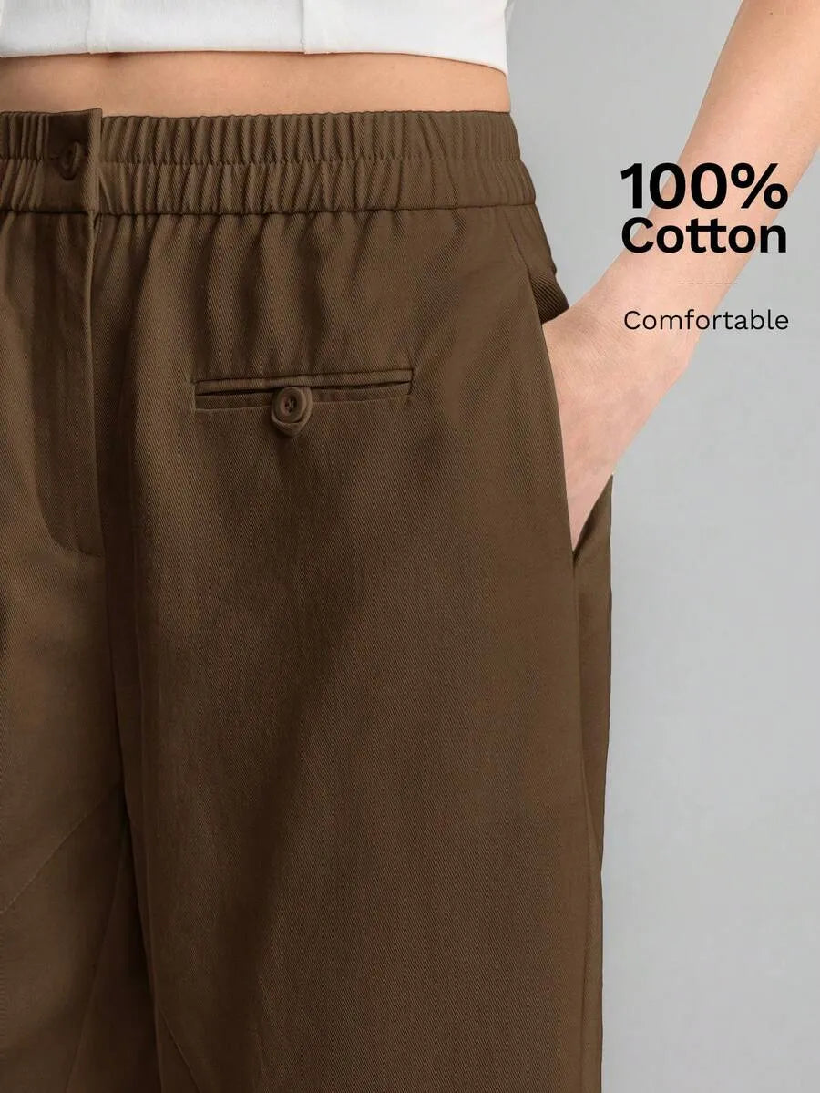 SHEIN Ontre بنطال نسائي أنيق بخصر مطاطي وبلون بني بطول الكاحل