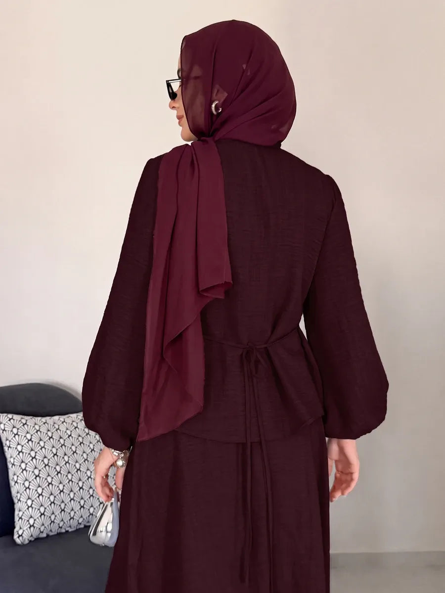 SHEIN Solavon طقم نسائي قطعتين بلوزة بأكمام طويلة وتنورة طويلة برباط أمامي بلون عنابي