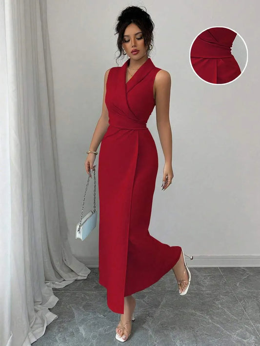 SHEIN Elenzga فستان نسائي أحمر بدون أكمام للعمل