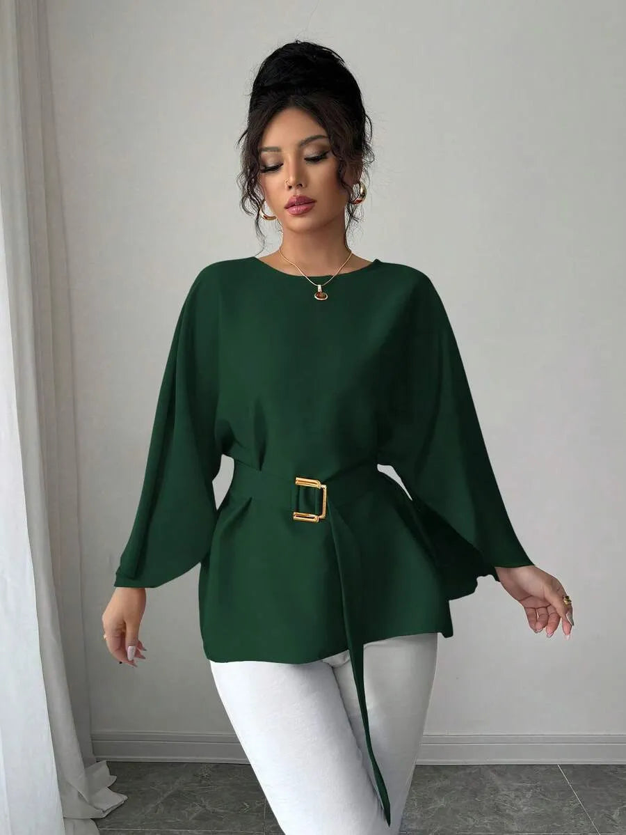 SHEIN Selianne بلوزة نسائية طويلة بأكمام خفاش ورباط خصر بلون أخضر داكن