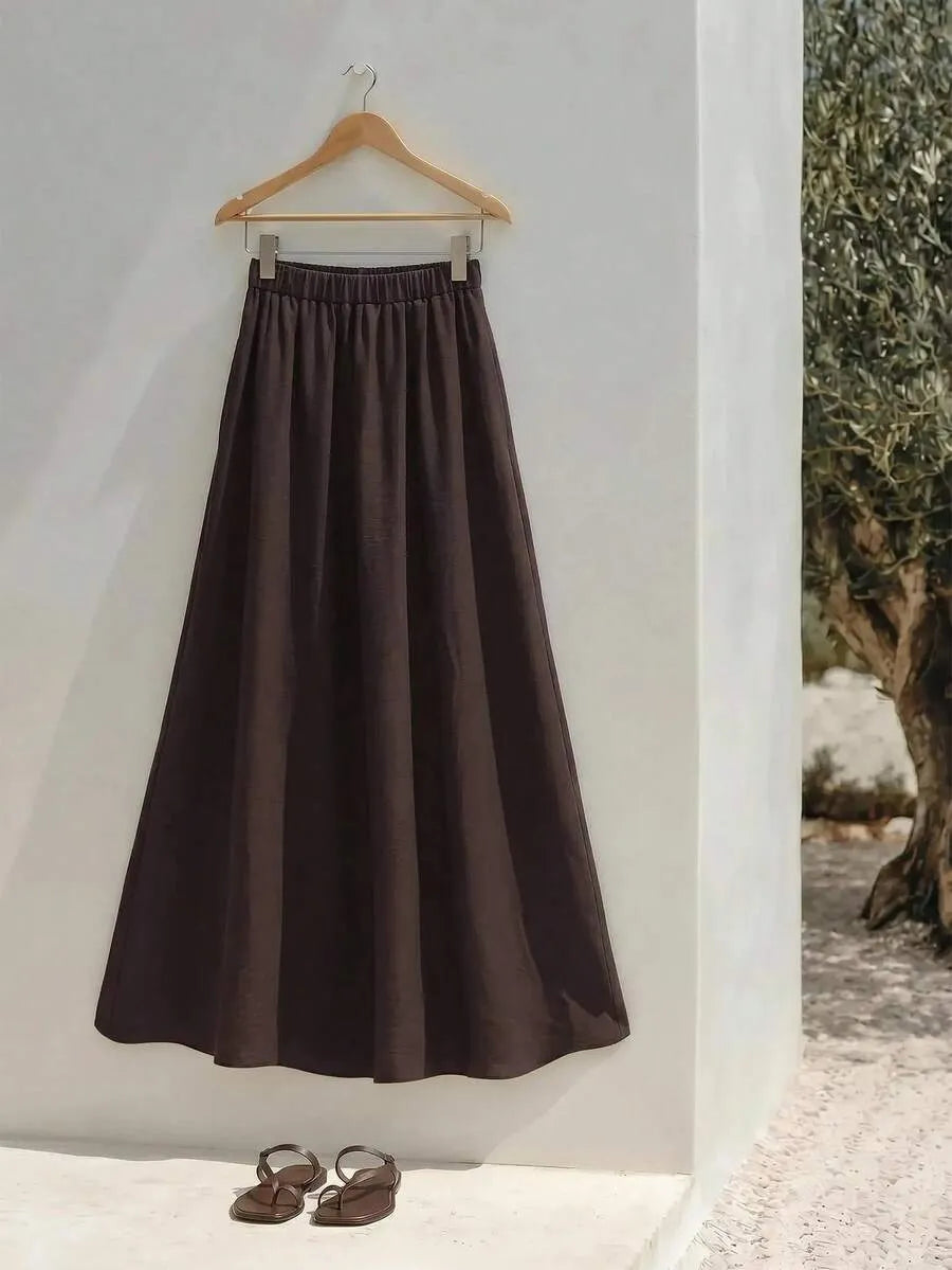 SHEIN Zivah طقم نسائي قطعتين قميص برباط خصر وتنورة طويلة بقصة بلون بني