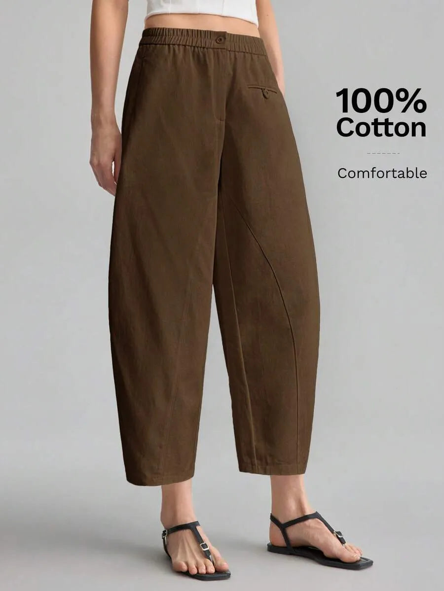 SHEIN Ontre بنطال نسائي أنيق بخصر مطاطي وبلون بني بطول الكاحل