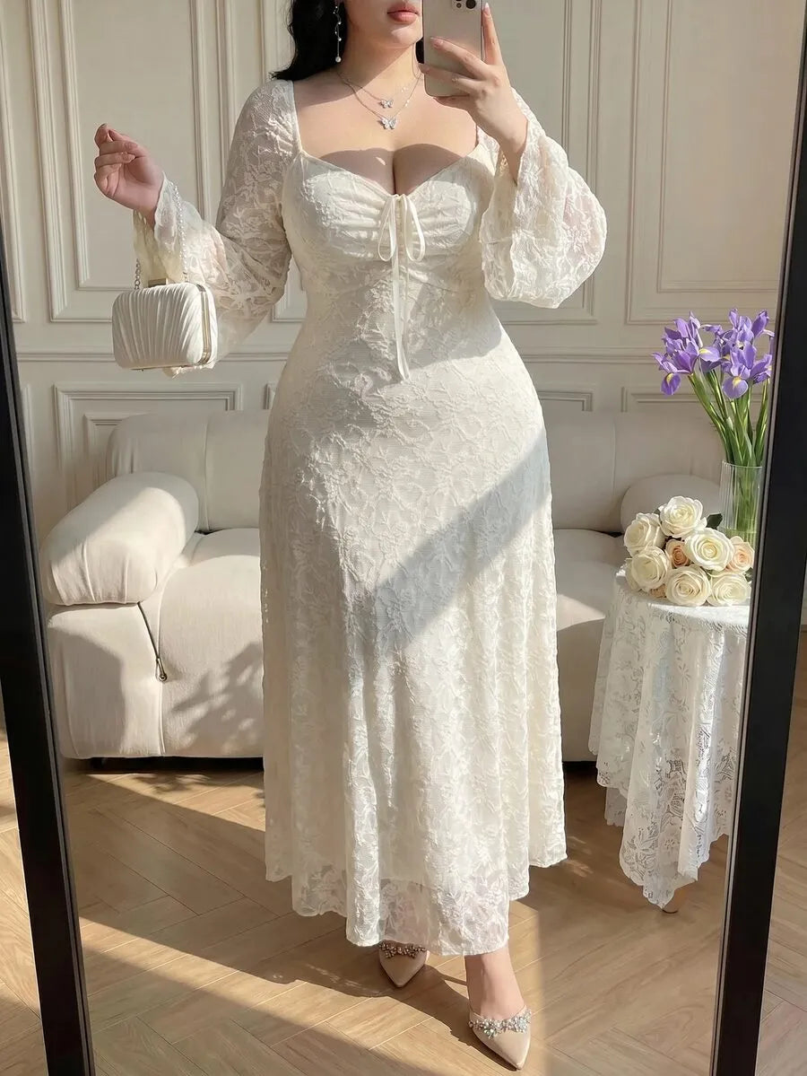 SHEIN Vibekara فستان جاكار طويل بياقة قلب وأكمام بفتحات وخصر مشدود بلون مشمشي