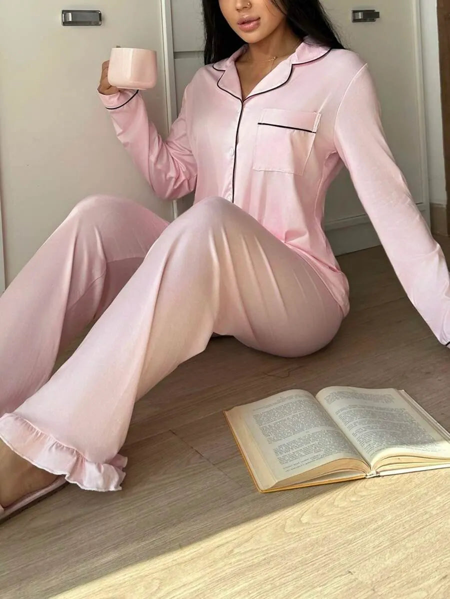 SHEIN SweetSlumber طقم بيجامة قطعتين بياقة قصيرة وأزرار أمامية وأكمام طويلة بلون وردي مغبر