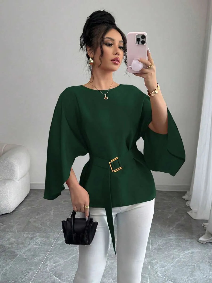 SHEIN Selianne بلوزة نسائية طويلة بأكمام خفاش ورباط خصر بلون أخضر داكن