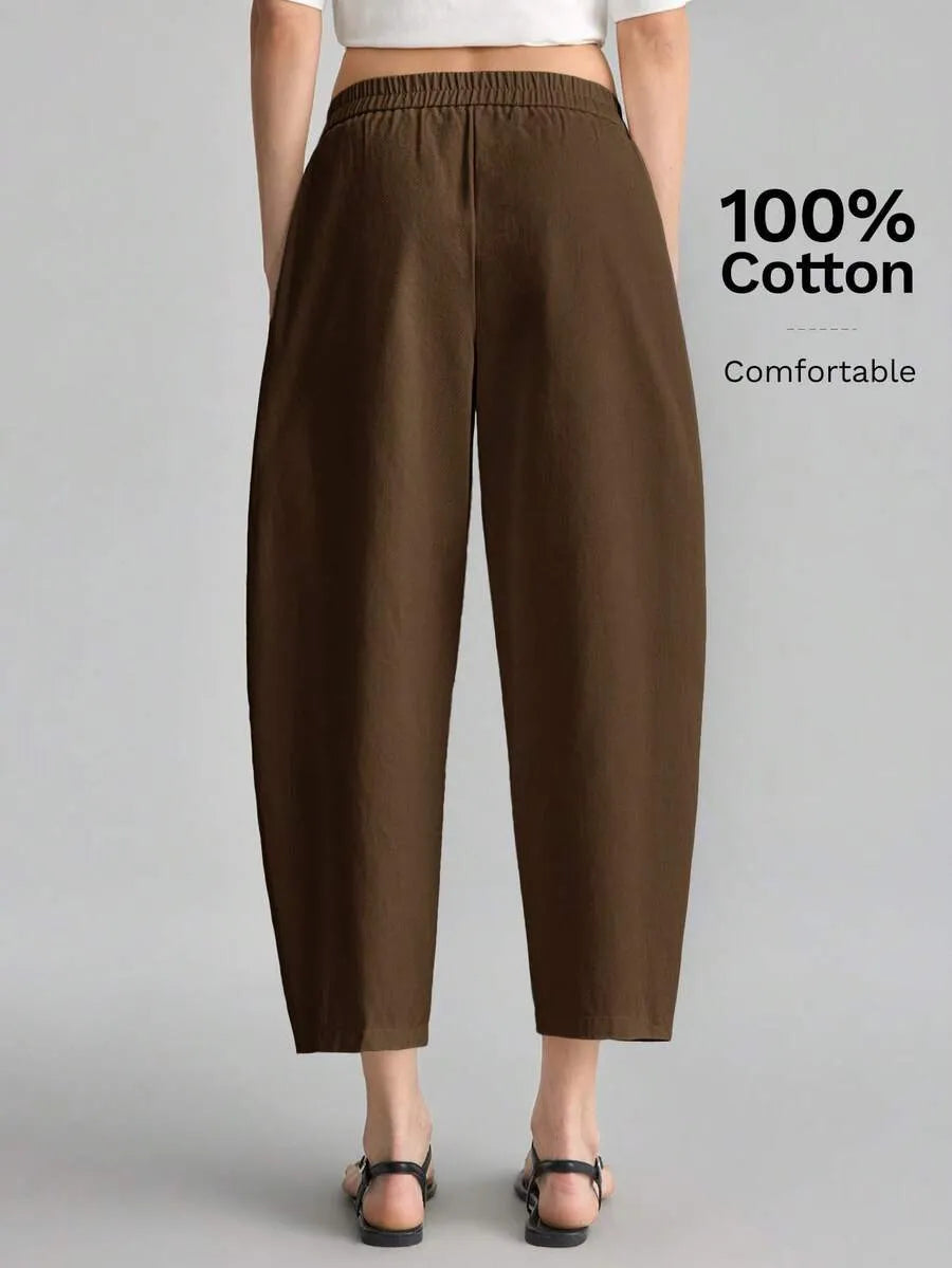 SHEIN Ontre بنطال نسائي أنيق بخصر مطاطي وبلون بني بطول الكاحل
