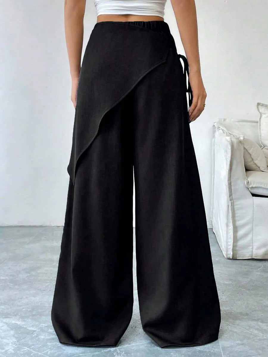 SHEIN SoleilVie بنطلون بلون الأسود طويل واسع الساق بخصر طبيعي