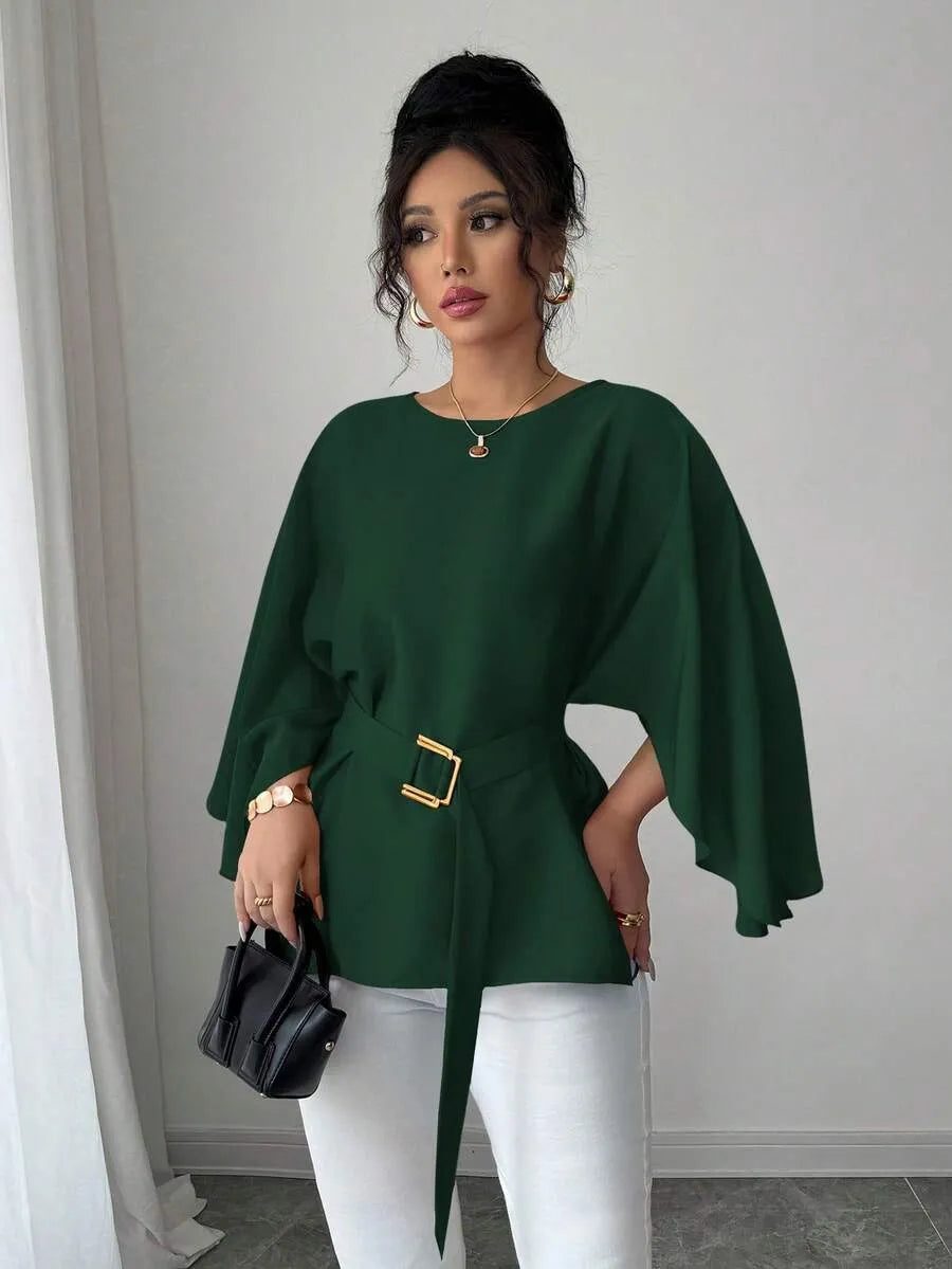 SHEIN Selianne بلوزة نسائية طويلة بأكمام خفاش ورباط خصر بلون أخضر داكن