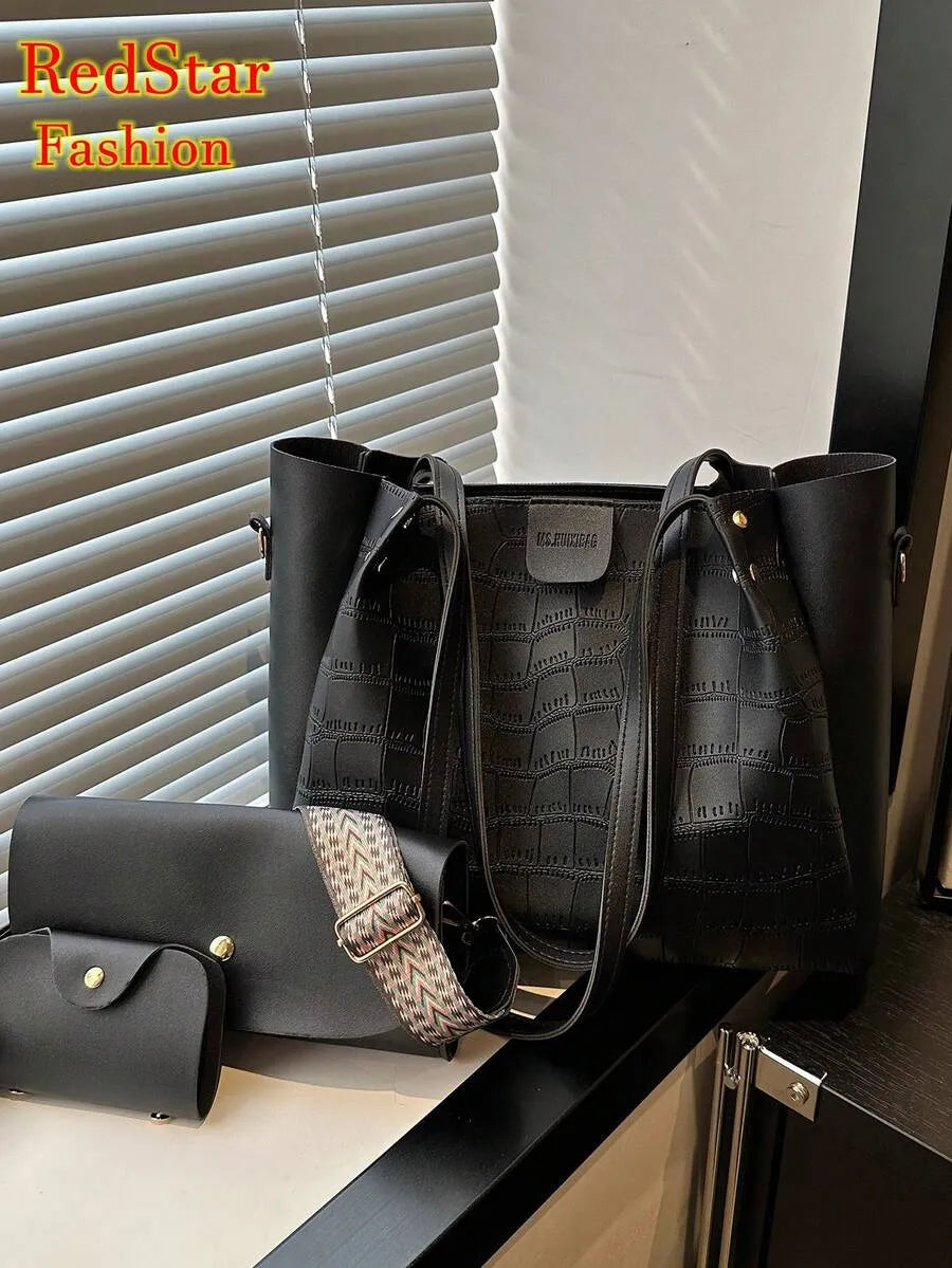 SHEIN حقيبة توت وكتف ومحفظة من البولي يوريثان برقعات ملونة مجموعة 3 قطع