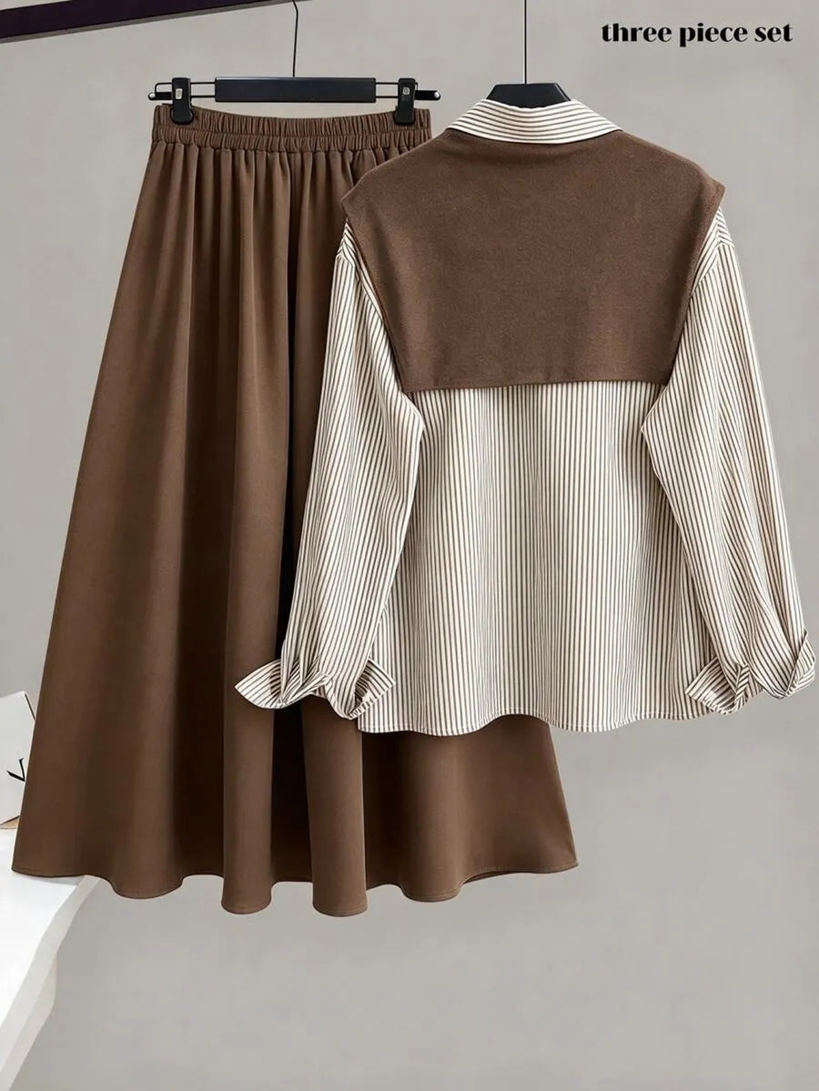 SHEIN Franclia طقم نسائي قطعتين قميص مخطط بأزرار وتنورة ميدي بلون بني