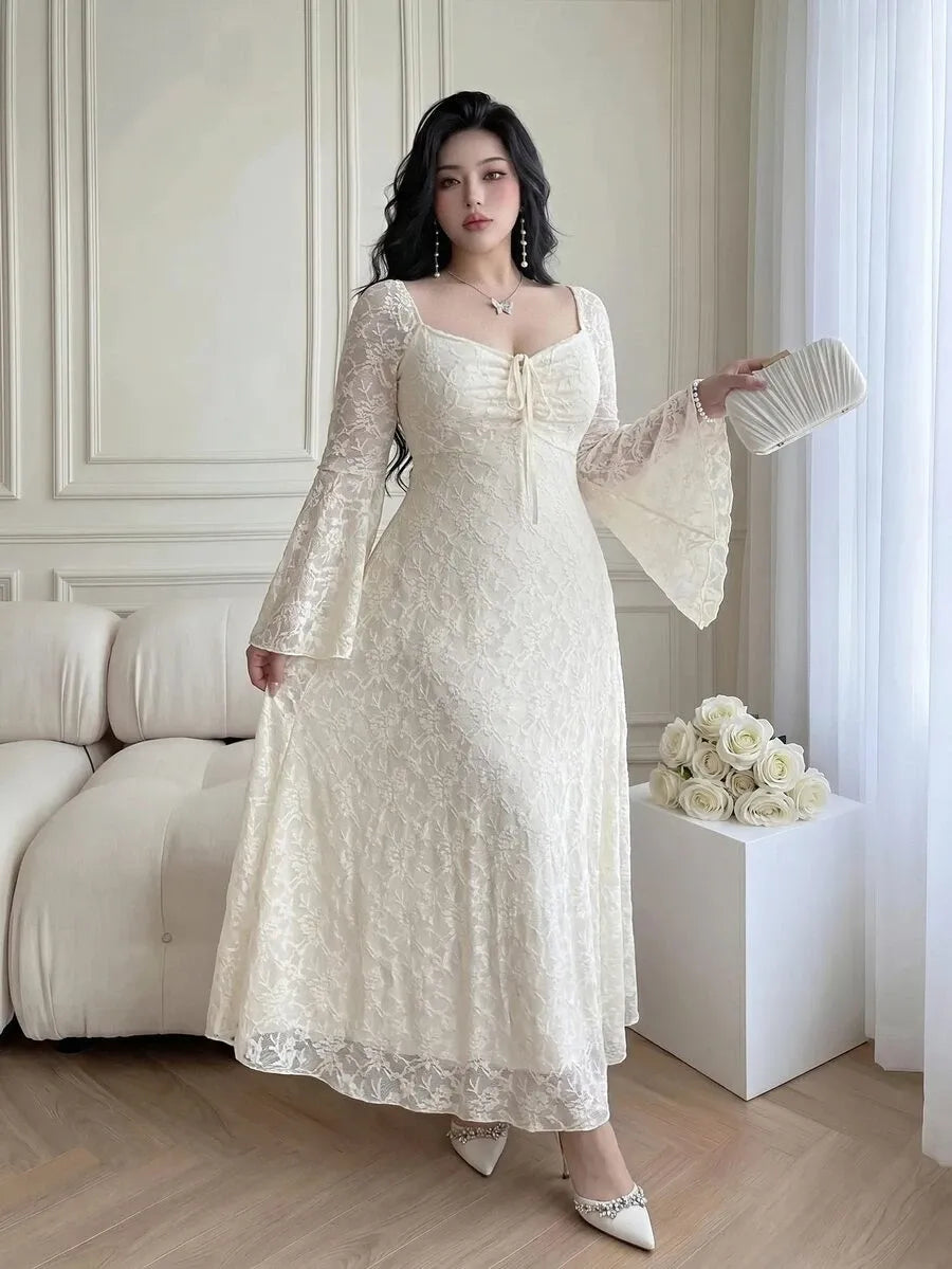 SHEIN Vibekara فستان جاكار طويل بياقة قلب وأكمام بفتحات وخصر مشدود بلون مشمشي