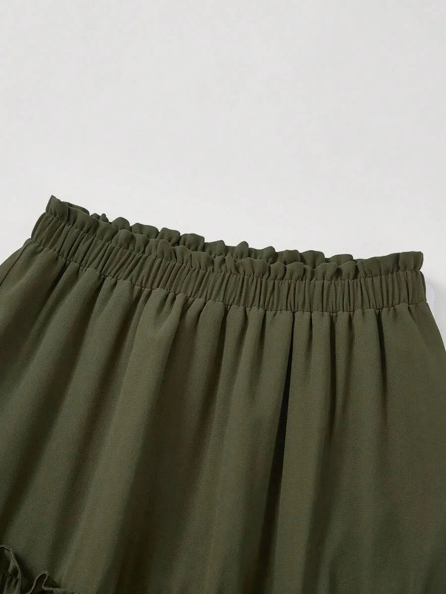 SHEIN MOD تنورة نسائية طويلة بخصر طبيعي وحافة كشكش وتجاعيد بلون أخضر عسكري