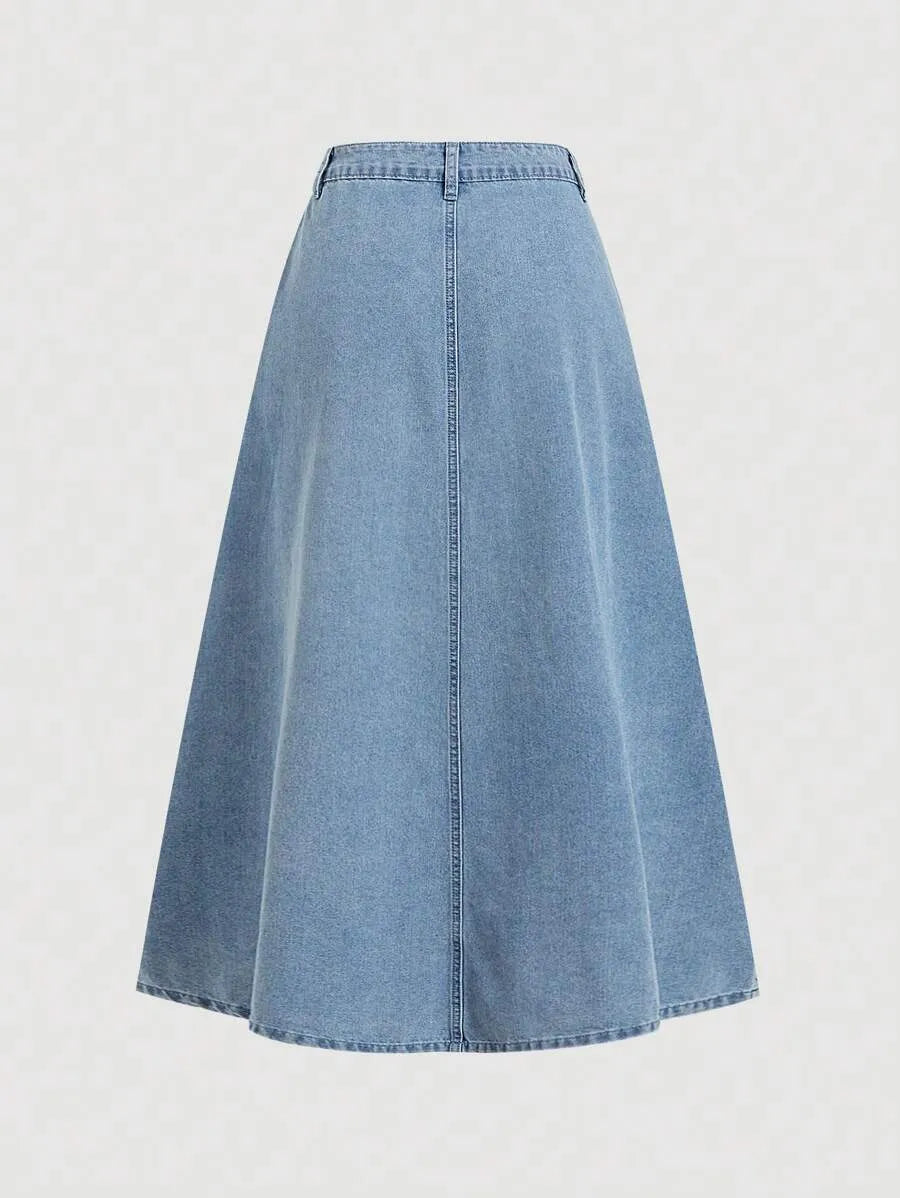 SHEIN MOD A-Line تنورة جينز نسائية طويلة وخصر طبيعي بلون أزرق متوسط