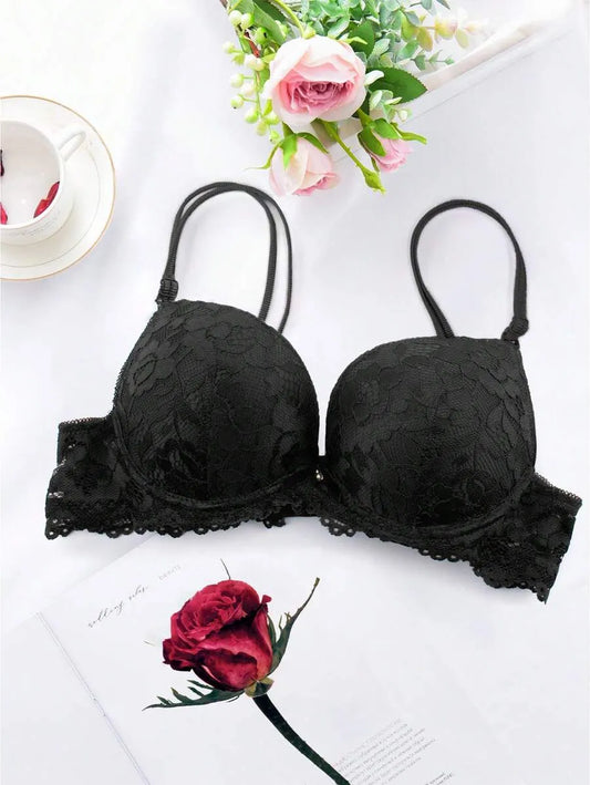 SHEIN حمالة صدر نسائية سلكية بوش أب مزينة بالدانتيل والفيونكة بلون أسود