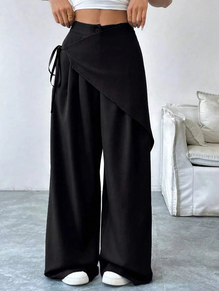 SHEIN SoleilVie بنطلون بلون الأسود طويل واسع الساق بخصر طبيعي