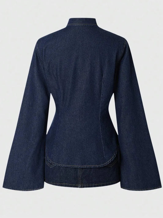 SHEIN MOD بلوزة جينز نسائية بأكمام طويلة وأزرار أمامية وتفاصيل تطريز بلون أزرق داكن