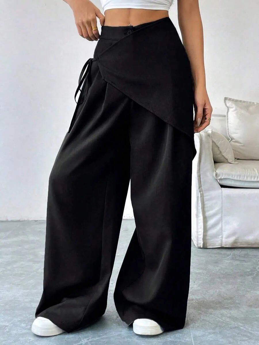 SHEIN SoleilVie بنطلون بلون الأسود طويل واسع الساق بخصر طبيعي