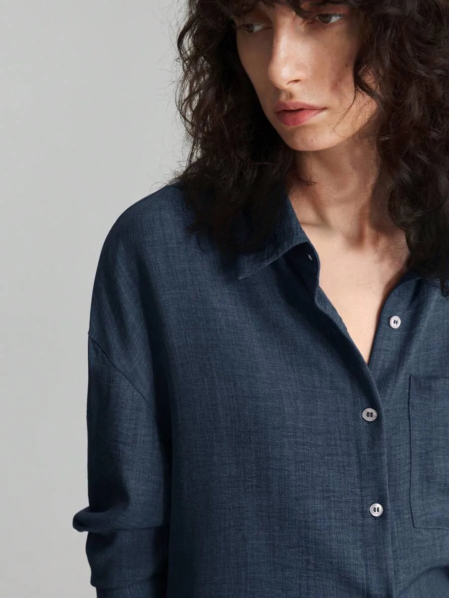 SHEIN Ontre طقم نسائي قطعتين بلوزة بياقة وأزرار أمامية وبنطال بجيوب بلون أزرق بحري