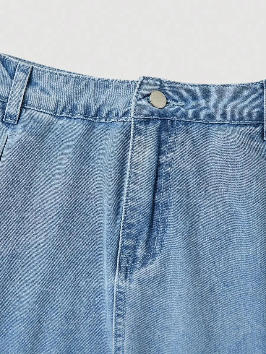 SHEIN MOD A-Line تنورة جينز نسائية طويلة وخصر طبيعي بلون أزرق متوسط