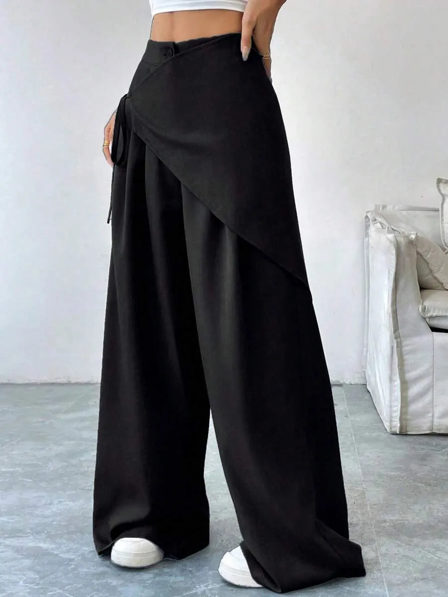 SHEIN SoleilVie بنطلون بلون الأسود طويل واسع الساق بخصر طبيعي