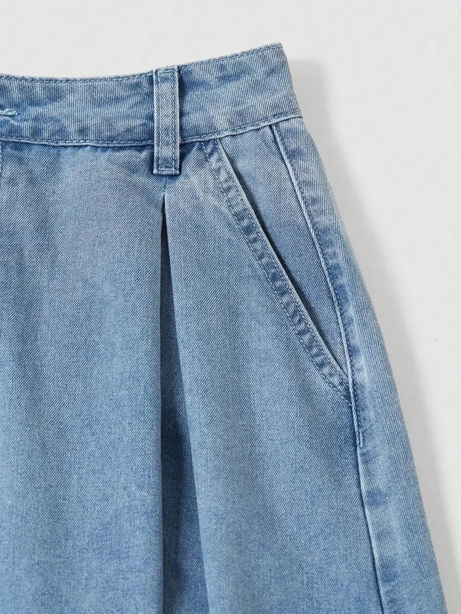 SHEIN MOD A-Line تنورة جينز نسائية طويلة وخصر طبيعي بلون أزرق متوسط