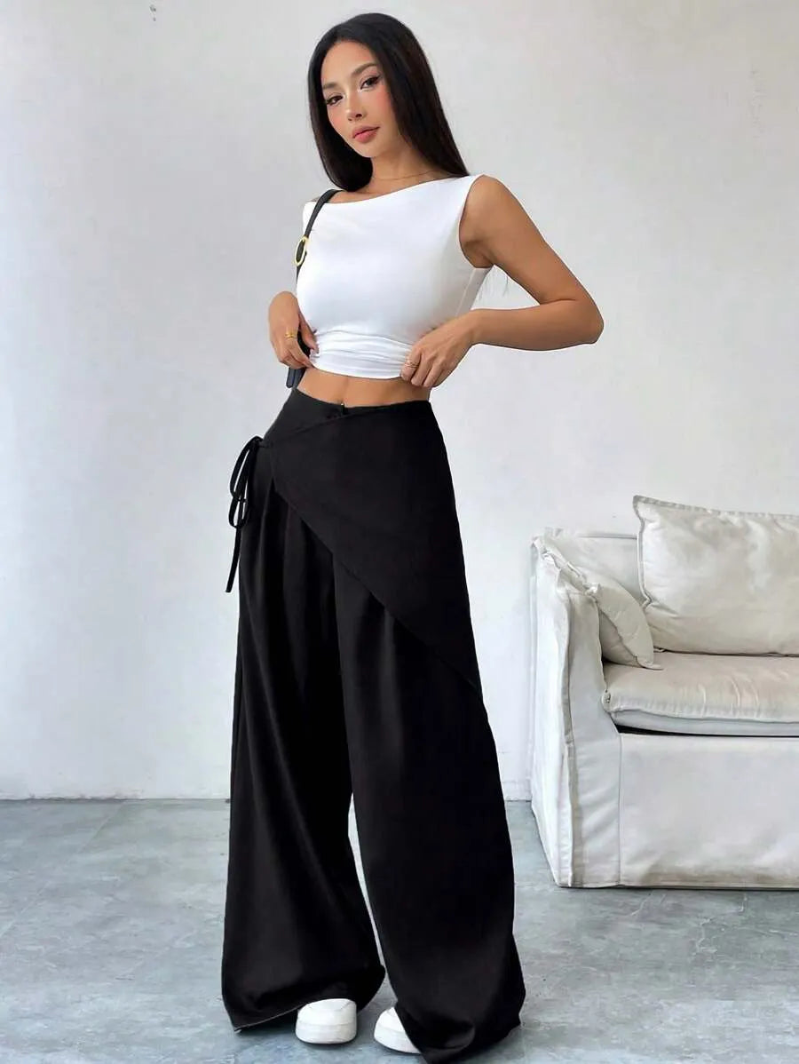SHEIN SoleilVie بنطلون بلون الأسود طويل واسع الساق بخصر طبيعي