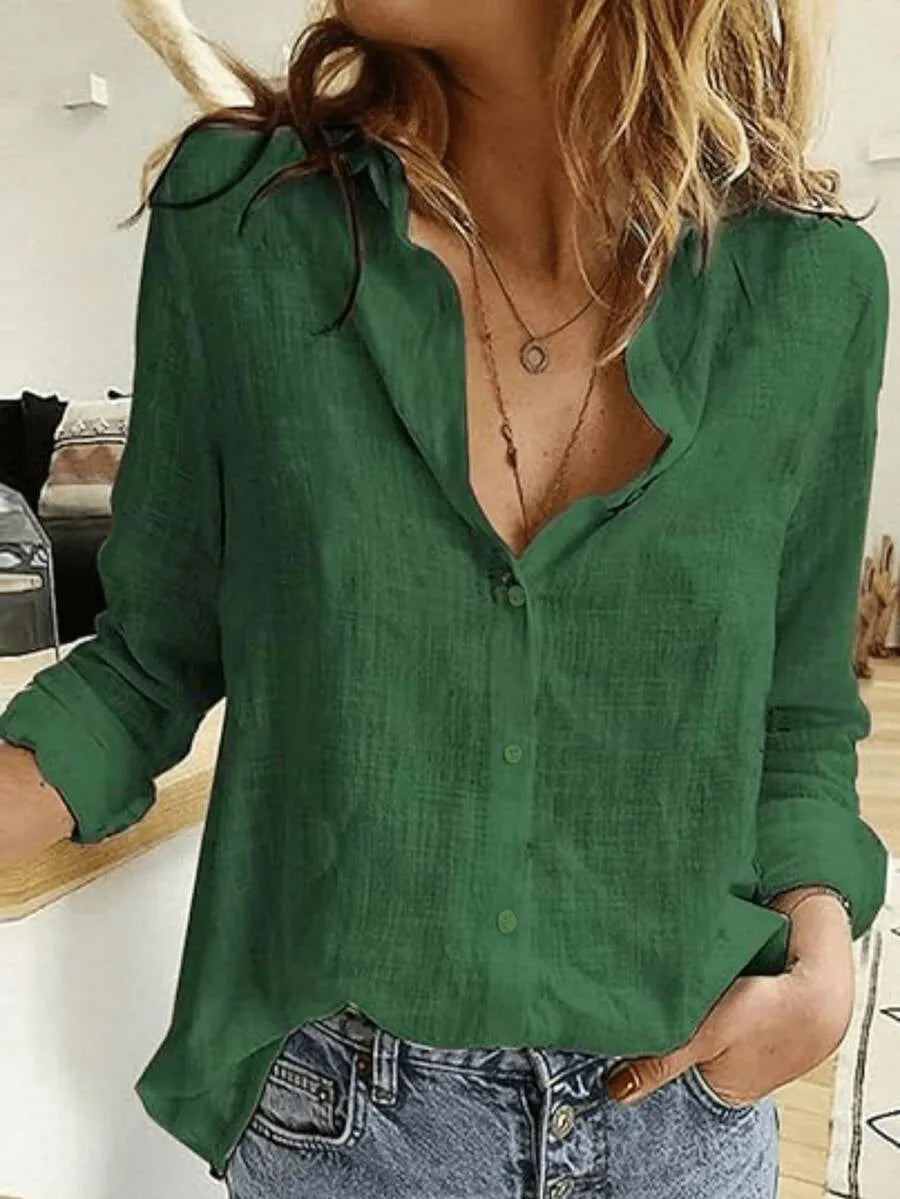 SHEIN قميص نسائي طويل بأزرار وياقة كارديجان وأكمام طويلة بلون أخضر