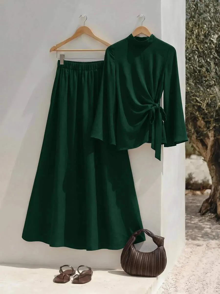 SHEIN Zivah طقم نسائي قطعتين بلوزة بياقة واقفة وتنورة طويلة برباط خصر بلون أخضر داكن