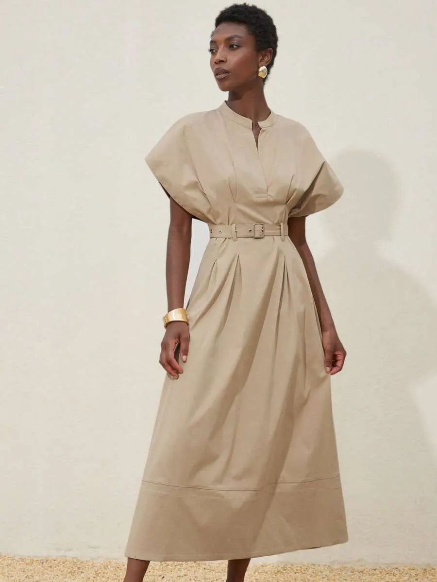 SHEIN Frievida فستان ماكسي بياقة وأكمام بات وينج وخصر بحزام وتنورة مطوية بلون كاكي
